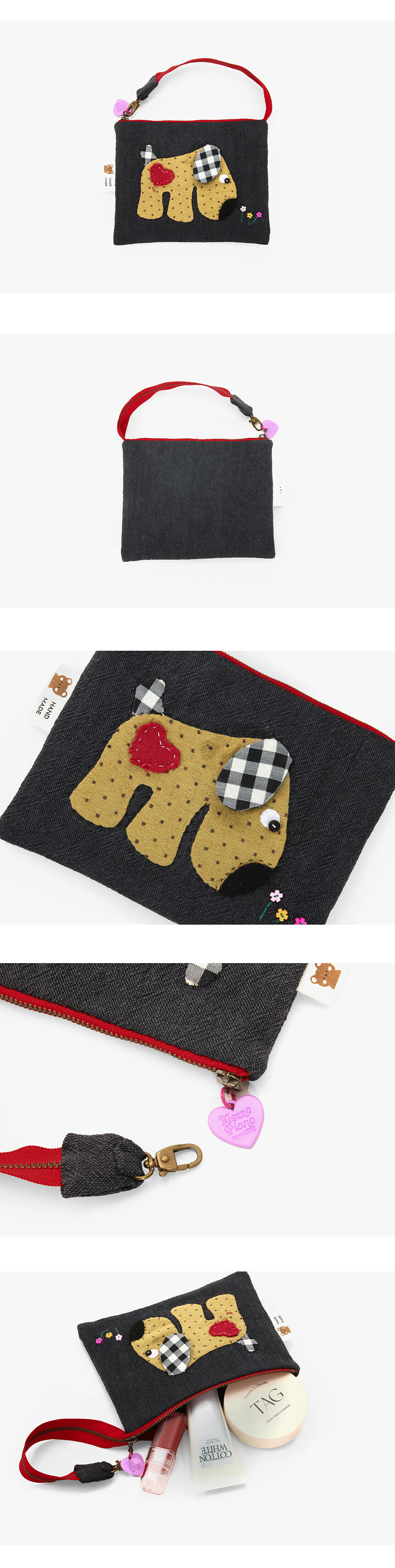 킁킁도그파우치제품컷과치수안내,가로18cm세로14cm,앞면강아지아플리케,지퍼상단,소품수납파우치