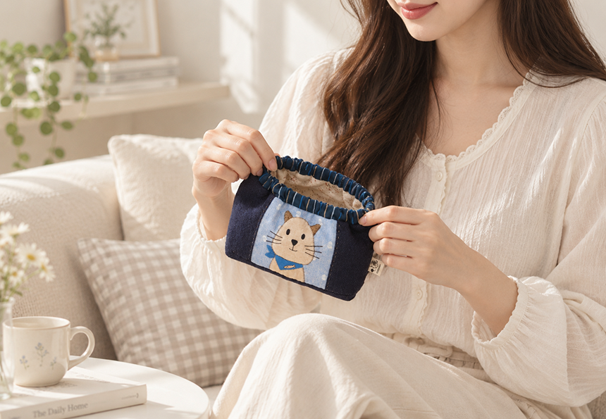캣츠 바네파우치 입구를 양손으로 열어 내부를 확인하는 모습