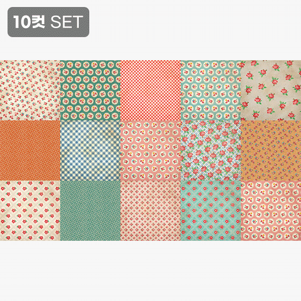 퀼트의시작은? 엔조이퀼트와 함께,로즈 플라워 패치워크 하프린넨 커트지 140cm x 84cm - 10컷 1세트