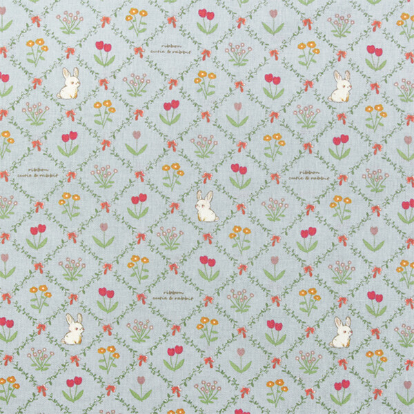 [코튼프린트] 대폭 튤립래빗 프린트원단 - 블루